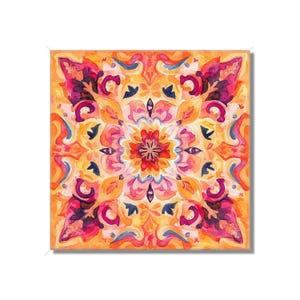 May include: A watercolor painting of a colorful mandala with intricate details in shades of orange, pink, yellow, and purple.