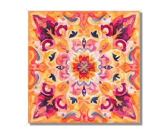 May include: A watercolor painting of a colorful mandala with intricate details in shades of orange, pink, yellow, and purple.