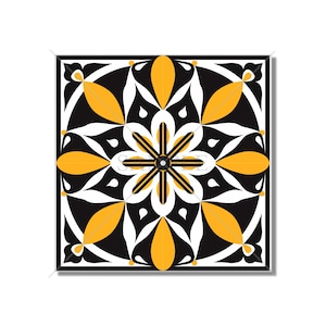 May include: Black and yellow geometric tile with a floral pattern. The tile has a white center with a black star shape.