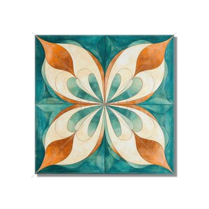 May include: A square tile with a geometric design featuring a stylized flower with orange, teal, and white accents.