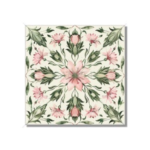 May include: A square floral pattern with pink flowers and green leaves on a cream background. The pattern is symmetrical and has a repeating design.