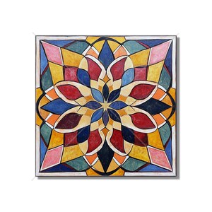May include: A square, colorful abstract painting featuring a symmetrical floral design. The artwork uses a palette of red, blue, yellow, and green, with black outlines. The painting is framed with a white border.