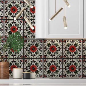 Red and Green Ceramic Tile - Vintage French Floral Design Tile ...