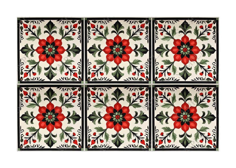 Red and Green Ceramic Tile - Vintage French Floral Design Tile ...