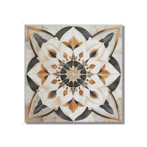 May include: A square ceramic tile with a decorative pattern in shades of brown, black, and white. The pattern features a central starburst design surrounded by stylized floral motifs.