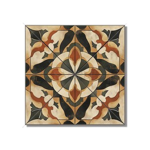 May include: A square tile with a geometric pattern in shades of brown, green, and cream. The pattern is symmetrical and features a central motif of four overlapping leaves.