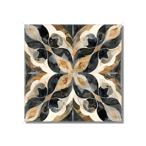 May include: A square tile with a black, white, and brown geometric pattern. The pattern is made up of swirling shapes that resemble leaves or flowers.