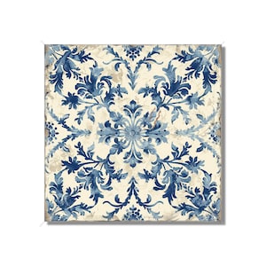 May include: A square tile with a blue and white floral pattern. The tile has a distressed, vintage look.
