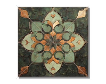 May include: A square canvas wall art featuring a geometric design with a central flower motif. The design is in shades of green, brown, and gold.