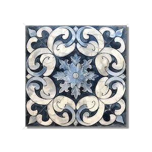 May include: A square tile with a blue and white floral design. The tile has a distressed look, with the paint appearing to be chipped and cracked in places.