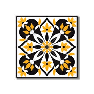 May include: Black and yellow geometric tile pattern with a floral design. The tile has a white background with black and yellow floral shapes.