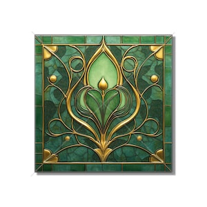 Green Decorative Art Nouveau Design Ceramic Tile Green Kitchen Backsplash Tile - Green Art Deco Bathroom Tile - Green Accent Tiles