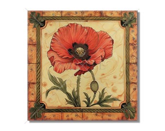 Poppy Flower Design Ceramic Accent Tile - Floral Design Kitchen Accent Backsplash Tile Floral Design Bathroom Accent Tiles -