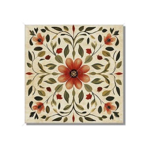 May include: A square floral pattern with a large red flower in the center. The pattern is made up of smaller red flowers, green leaves, and vines on a cream background.