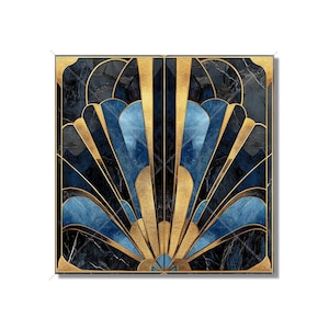 May include: A geometric art print with a fan-shaped design in shades of blue and gold on a black marble background.