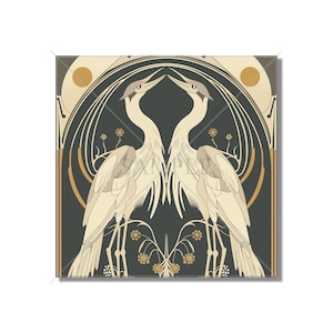 May include: Two white birds with long necks and beaks facing each other in a symmetrical design. The birds are surrounded by stylized floral patterns and gold accents on a dark green background.