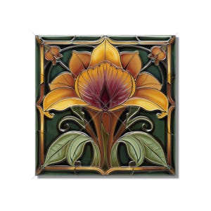 May include: A square ceramic tile with a stylized floral design. The flower is yellow with a burgundy center and is surrounded by green leaves and vines. The tile has a dark green background and gold accents.