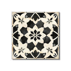 May include: Black and white tile with a geometric pattern of interlocking stars and flowers. The tile has a vintage, hand-painted look.