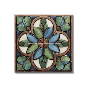 May include: A square ceramic tile with a geometric design featuring a blue flower with green leaves and brown accents.