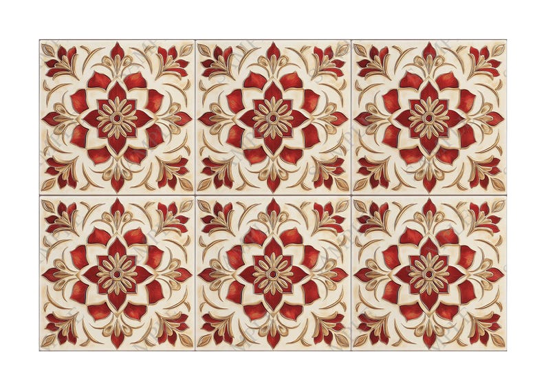 Red Cream Patterned Ceramic Tile - Unique Red Kitchen Backsplash Tiles ...