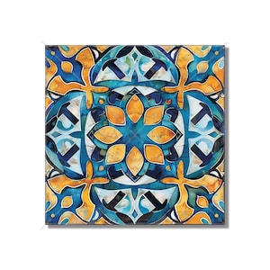 May include: A square tile with a geometric pattern in shades of blue, yellow, and white. The pattern is symmetrical and features intricate details.