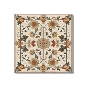 May include: A square tile with a floral pattern. The tile has a cream background with a repeating pattern of brown, orange, and green flowers and leaves.