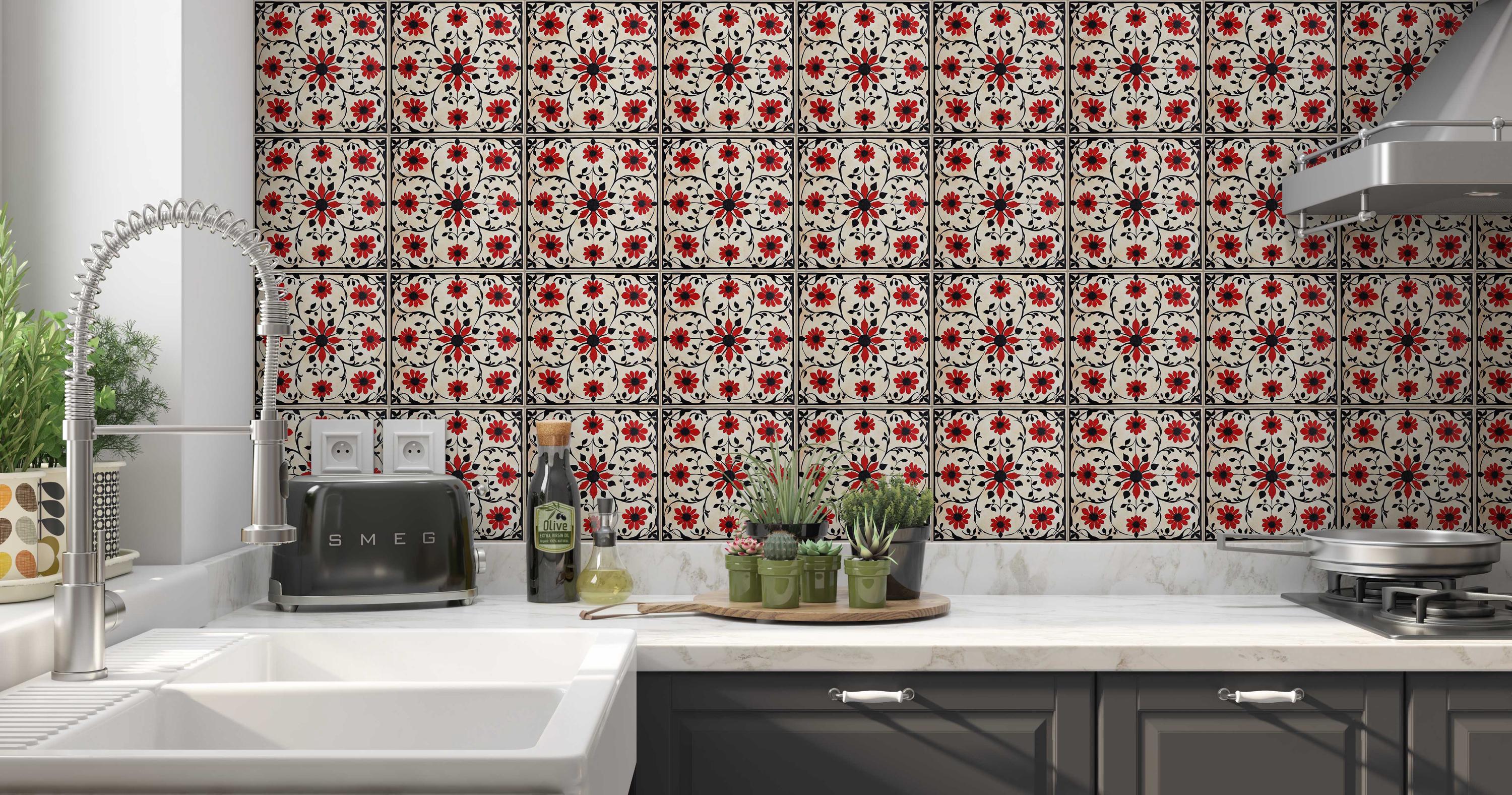 Red and Black Floral Ceramic Tile - Cottage Kitchen Backsplash Tile ...