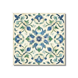 May include: A square tile with a blue and green floral pattern on a cream background. The design is symmetrical and features intricate details.