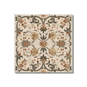 May include: A square patterned tile with a beige background and a repeating floral design in shades of brown, orange, and green.