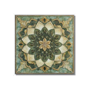 May include: A square wall art piece featuring a symmetrical, multi-layered floral mandala design. The artwork displays shades of sage green, cream, and muted gold with a textured, relief-like appearance and a dark, thin border frame.