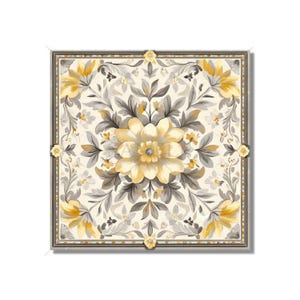 May include: A square framed print with a floral pattern in shades of yellow and gray. The design features a large yellow flower in the center surrounded by smaller yellow flowers and gray leaves.