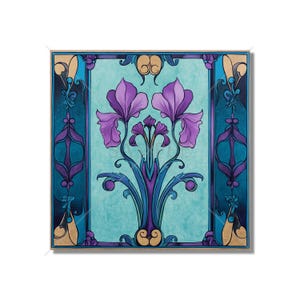 May include: A square wall art piece featuring a central illustration of two purple iris flowers on a light blue background. The design is framed by dark blue and purple symmetrical scrollwork patterns with gold accents on the outer edges.