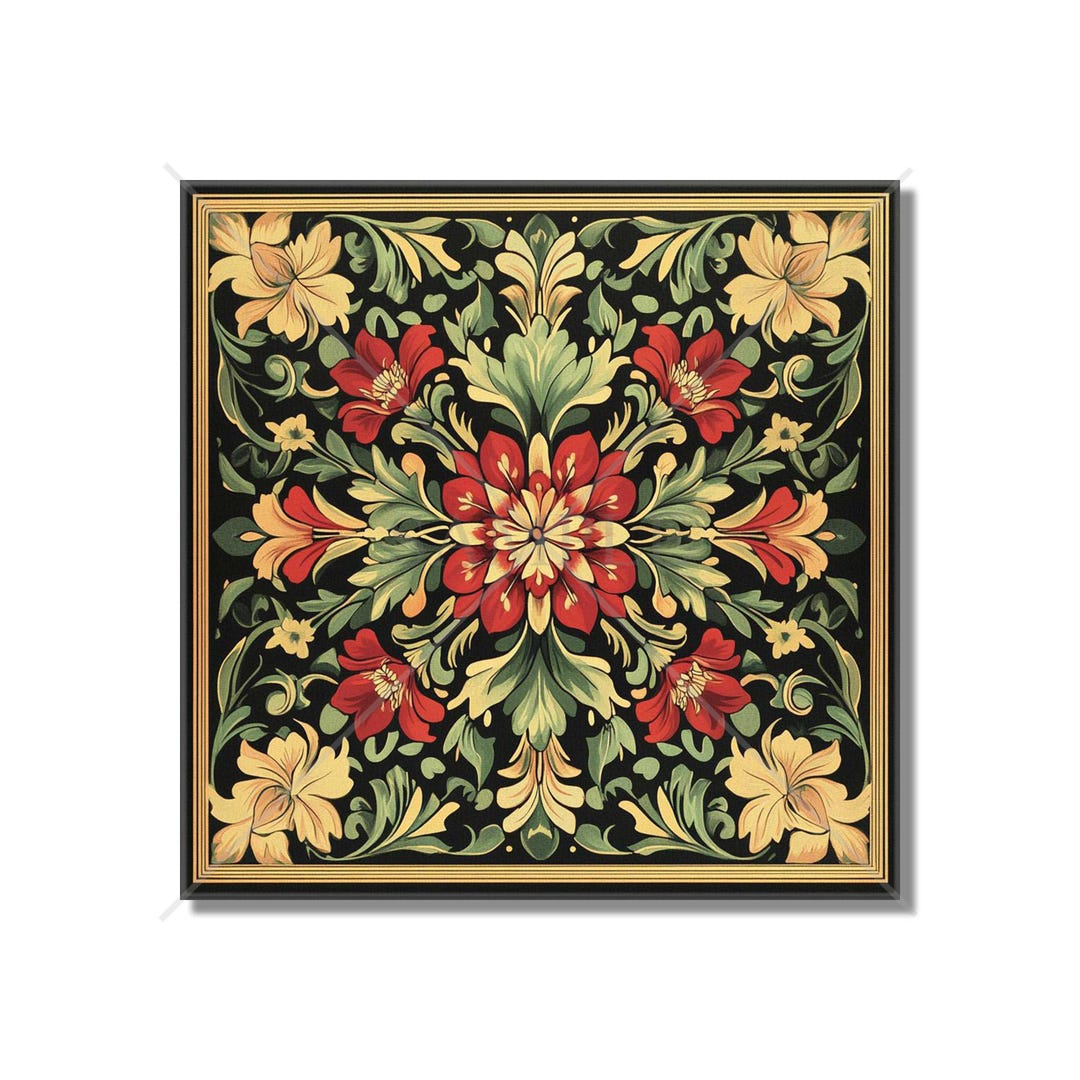 Red and Green Floral Ceramic Tile - Vintage French Floral Design Tile ...