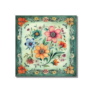 May include: A watercolor painting of a floral bouquet with a green background. The flowers are in shades of pink, orange, blue, and yellow. The flowers are surrounded by a green border with a floral design.