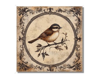 May include: A vintage-style illustration of a brown and white bird perched on a branch with green leaves. The bird is surrounded by a decorative black and white frame.