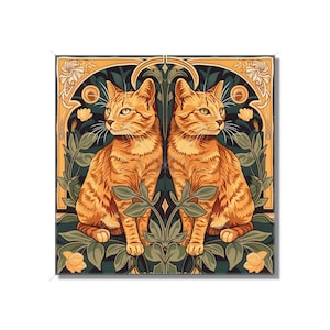 May include: Two orange tabby cats with green eyes are sitting side-by-side in a symmetrical design. The cats are surrounded by stylized green leaves and yellow flowers. The background is a dark green with gold accents.