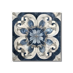 May include: A blue and white ceramic tile with a floral design. The tile has a central flower with four petals and a circular center. The flower is surrounded by a decorative border of swirling lines and leaves.