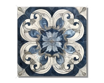 Blue White Gray Ceramic Tile - Vintage Moroccan Tile Design - Kitchen Backsplash Tile - Bathroom Wall Tile - Patterned Ceramic Tile