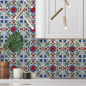 Blue Red Green Floral Ceramic Tile - Vintage Floral Design Tile Ceramic ...