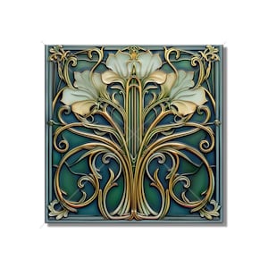 Blue Green Ceramic Tile Art Deco - Art Nouveau Design Blue Green Cream Unique Kitchen Backsplash Tile Bathroom Tile - Antique Design Tile