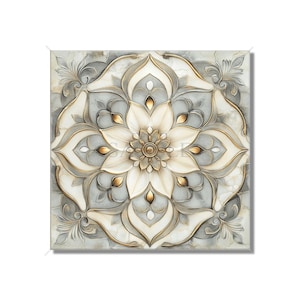 May include: A square, decorative wall tile featuring a floral design. The central flower is white with gold accents, surrounded by gray and white marble-like patterns. The design has a 3D effect, with intricate details and a symmetrical arrangement.