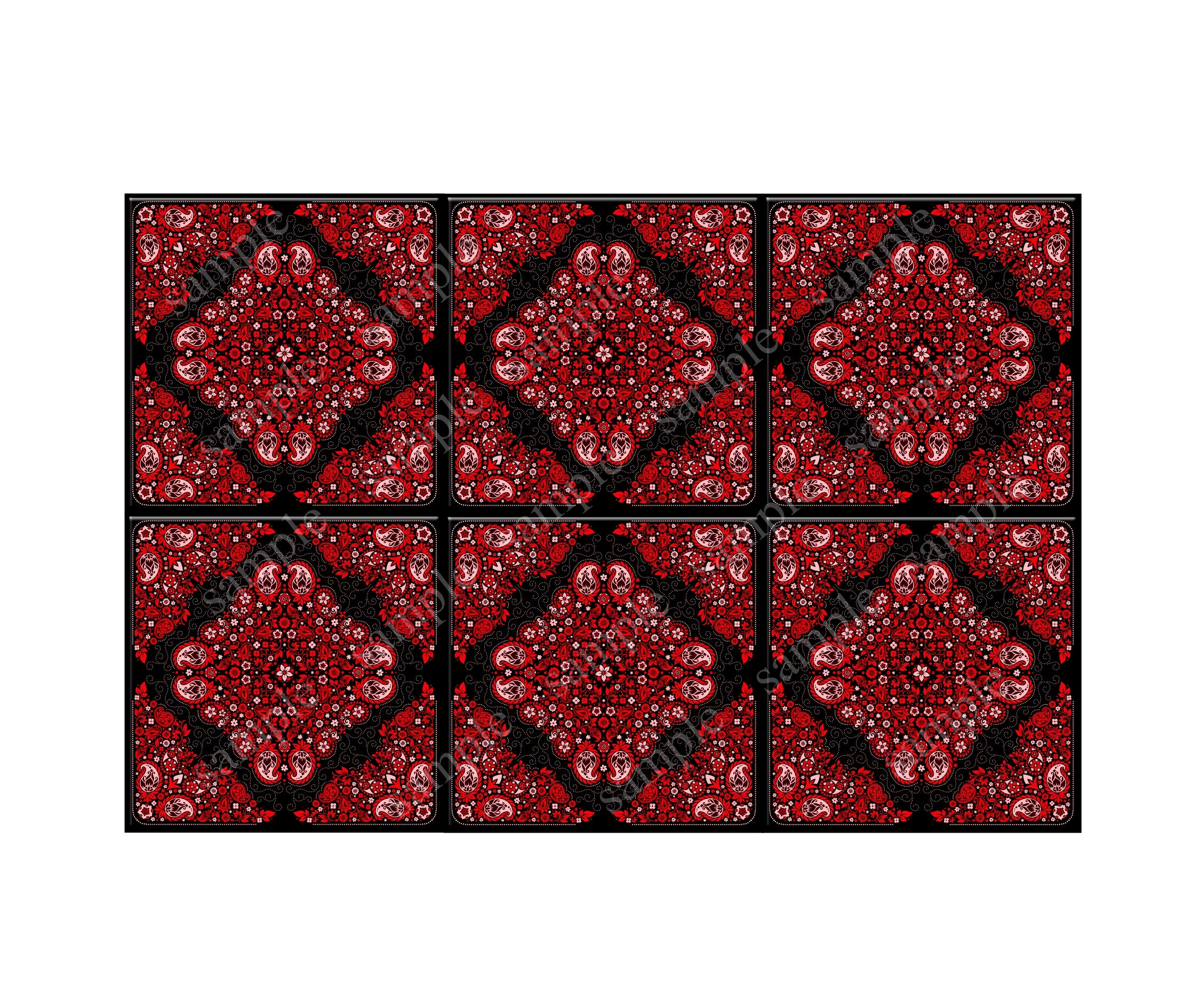 Black and Red Art Nouveau Floral Ceramic Tile - Patterned Ceramic