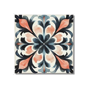 May include: A square tile with a floral pattern in shades of blue, pink, and white. The design features a central flower with four petals and intricate leaf-like details.