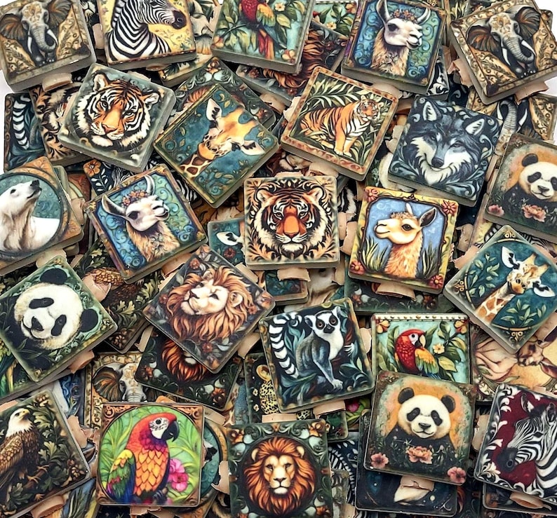 May include: A collection of square wooden tiles featuring colorful illustrations of various animals including tigers, lions, pandas, zebras, giraffes, elephants, wolves, parrots, and llamas, arranged in a dense, overlapping pile.