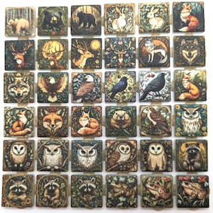 May include: A collection of square decorative tiles featuring various forest animals, including bears, rabbits, foxes, deer, owls, and raccoons. Each tile has a detailed illustration with a nature-inspired border, showcasing a vintage aesthetic.