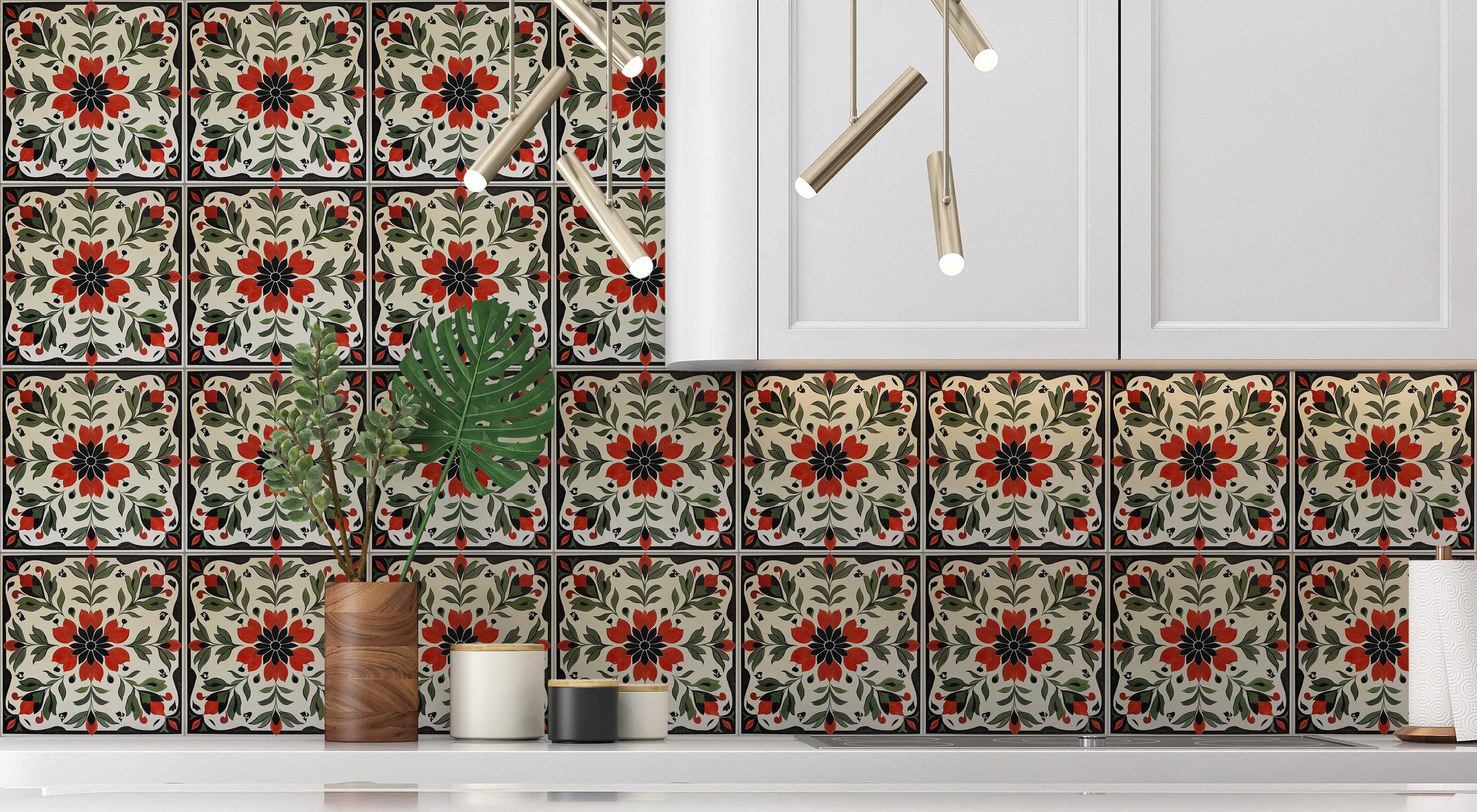 Red and Green Ceramic Tile - Vintage French Floral Design Tile ...
