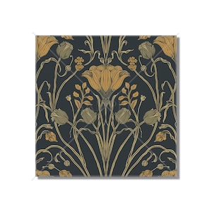 May include: A dark blue background with a repeating pattern of stylized yellow flowers and green leaves. The design is reminiscent of Art Nouveau style.