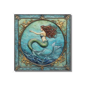 May include: A green and blue mermaid with long red hair is swimming in a circle surrounded by waves. The mermaid is framed by a gold and blue ornate border.