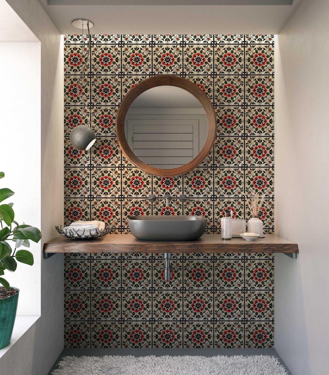 Red and Green Ceramic Tile - Vintage French Floral Design Tile ...