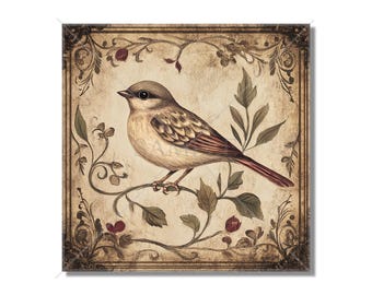 May include: A vintage-style illustration of a brown and white bird perched on a branch with green leaves and red berries. The bird is surrounded by a decorative frame with ornate details.